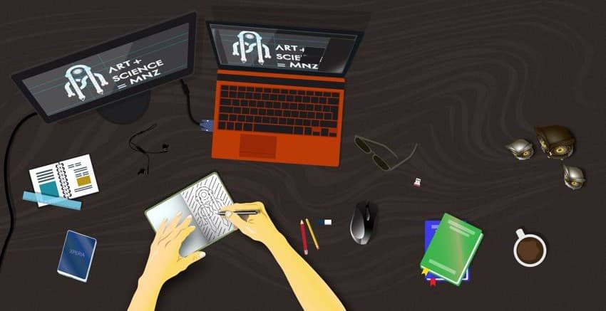 Moji at desk